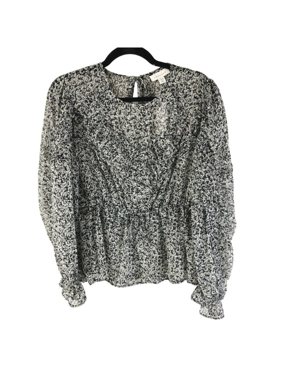Topshop Womens Peasant Blouse Sheer Ruffle Long Sleeve Floral Black White Size 8